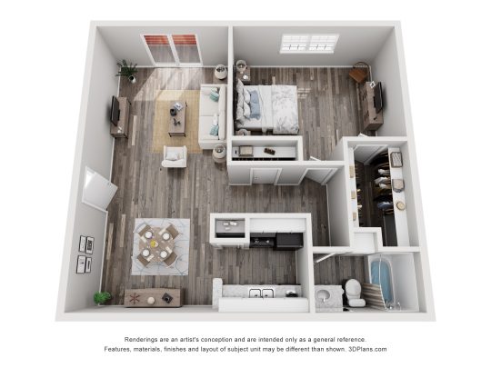 a 3d rendering of a two bedroom apartment at The Cantera Apartment Homes