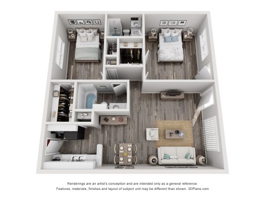 a 3d rendering of a two bedroom apartment at The Cantera Apartment Homes